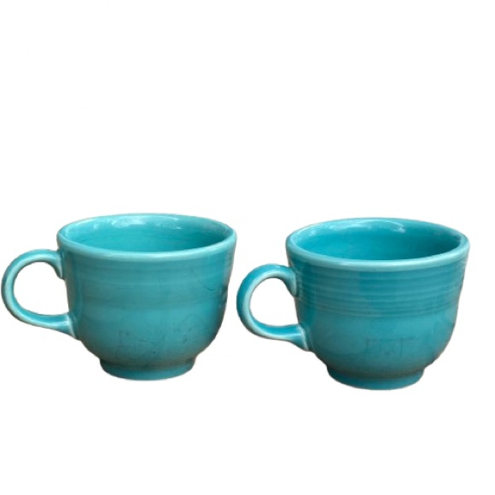 Homer Laughlin Fiesta Turquoise Teacups Set of 2 Stamped Retro Art Deco